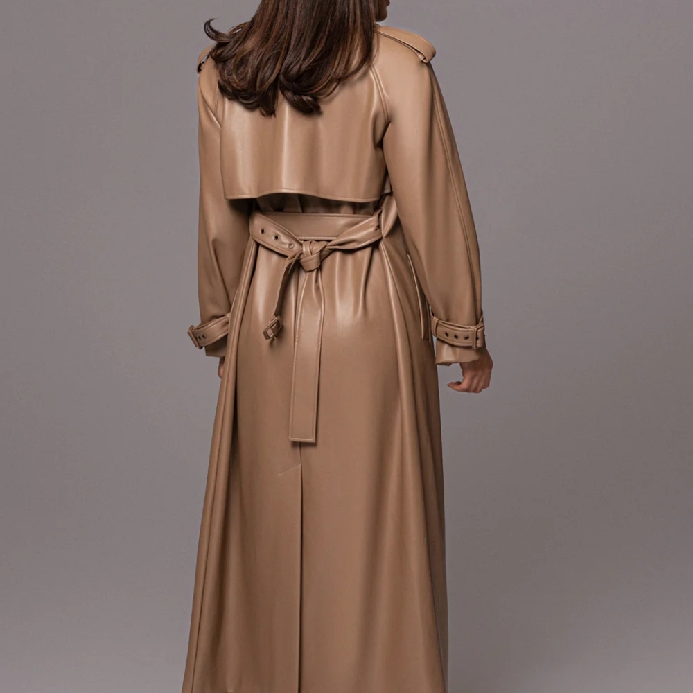 Tan Double-Breasted Trench Coat with Belt/ Faux Leather - Picture 4 of 8
